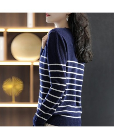 100% Cotton Knitted Sweater Women's Sweater Striped Color Matching Round Neck Large Size Loose Temperament Long Sleeve $35.85...