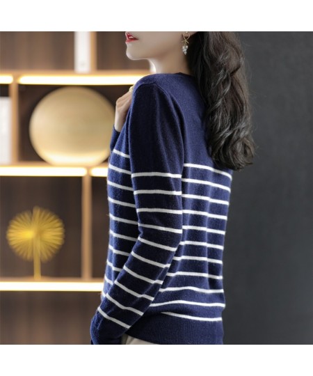 100% Cotton Knitted Sweater Women's Sweater Striped Color Matching Round Neck Large Size Loose Temperament Long Sleeve $35.85...