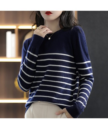 100% Cotton Knitted Sweater Women's Sweater Striped Color Matching Round Neck Large Size Loose Temperament Long Sleeve $35.85...