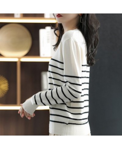 100% Cotton Knitted Sweater Women's Sweater Striped Color Matching Round Neck Large Size Loose Temperament Long Sleeve $35.85...