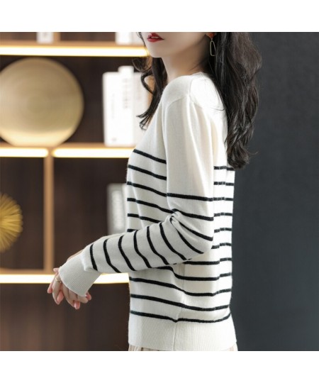 100% Cotton Knitted Sweater Women's Sweater Striped Color Matching Round Neck Large Size Loose Temperament Long Sleeve $35.85...