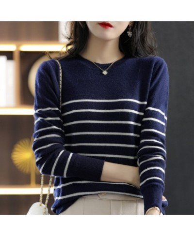 100% Cotton Knitted Sweater Women's Sweater Striped Color Matching Round Neck Large Size Loose Temperament Long Sleeve $35.85...