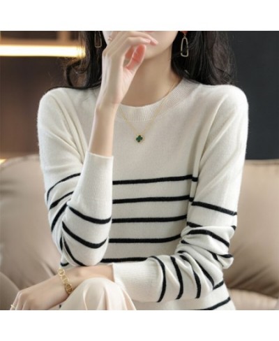 100% Cotton Knitted Sweater Women's Sweater Striped Color Matching Round Neck Large Size Loose Temperament Long Sleeve $35.85...