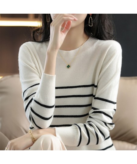 100% Cotton Knitted Sweater Women's Sweater Striped Color Matching Round Neck Large Size Loose Temperament Long Sleeve $35.85...