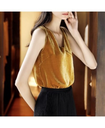 Women elegant Retro Velour Tops Summer V Neck Sleeveless Backless Slim Tank Top Chic Sexy gold velvet Camis $29.90 - Tops & Tees