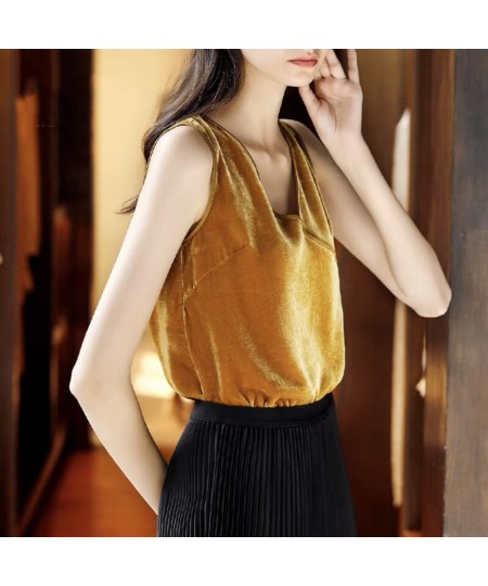 Women elegant Retro Velour Tops Summer V Neck Sleeveless Backless Slim Tank Top Chic Sexy gold velvet Camis $29.90 - Tops & Tees