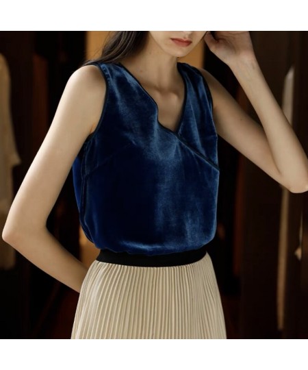 Women elegant Retro Velour Tops Summer V Neck Sleeveless Backless Slim Tank Top Chic Sexy gold velvet Camis $29.90 - Tops & Tees