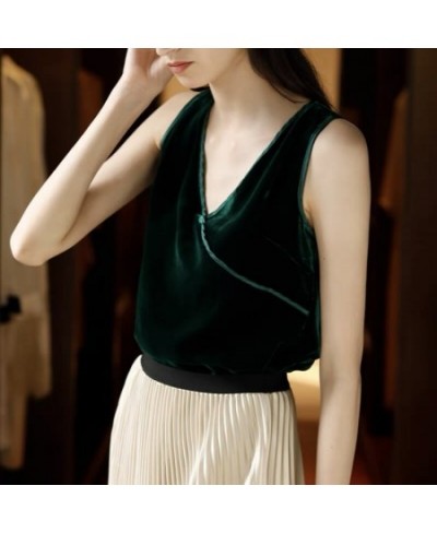 Women elegant Retro Velour Tops Summer V Neck Sleeveless Backless Slim Tank Top Chic Sexy gold velvet Camis $29.90 - Tops & Tees