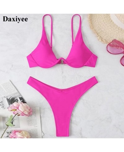 Sexy Underwired High Cut Bikini Women's Push Up Bikini Sets Swimwear Solid Color Low-cut Ladies Beach Swimsuits Bathing Suit ...