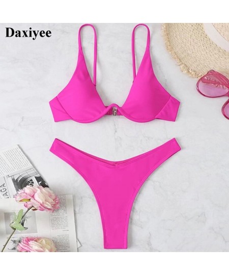 Sexy Underwired High Cut Bikini Women's Push Up Bikini Sets Swimwear Solid Color Low-cut Ladies Beach Swimsuits Bathing Suit ...