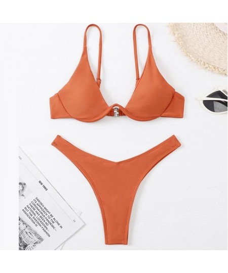 Sexy Underwired High Cut Bikini Women's Push Up Bikini Sets Swimwear Solid Color Low-cut Ladies Beach Swimsuits Bathing Suit ...