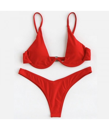 Sexy Underwired High Cut Bikini Women's Push Up Bikini Sets Swimwear Solid Color Low-cut Ladies Beach Swimsuits Bathing Suit ...