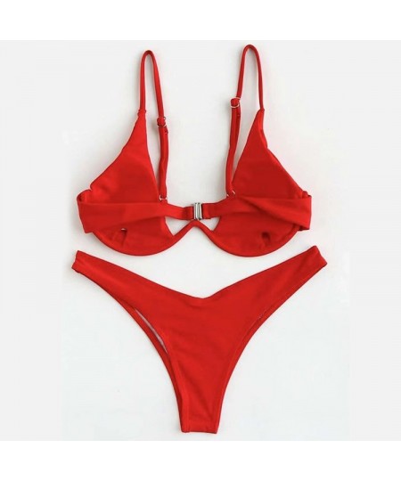 Sexy Underwired High Cut Bikini Women's Push Up Bikini Sets Swimwear Solid Color Low-cut Ladies Beach Swimsuits Bathing Suit ...