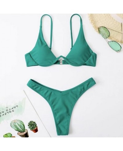 Sexy Underwired High Cut Bikini Women's Push Up Bikini Sets Swimwear Solid Color Low-cut Ladies Beach Swimsuits Bathing Suit ...