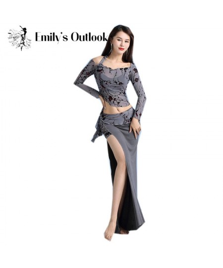 2023 Winter Bellydance Practice Costume Lady's 2 Piece Performance Outfit Floral Long Sleeve Blouse Sey Side Slit Skirt L $62...