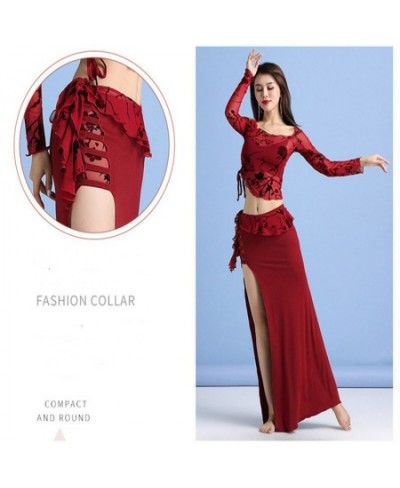 2023 Winter Bellydance Practice Costume Lady's 2 Piece Performance Outfit Floral Long Sleeve Blouse Sey Side Slit Skirt L $62...