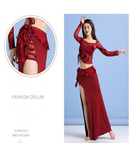 2023 Winter Bellydance Practice Costume Lady's 2 Piece Performance Outfit Floral Long Sleeve Blouse Sey Side Slit Skirt L $62...