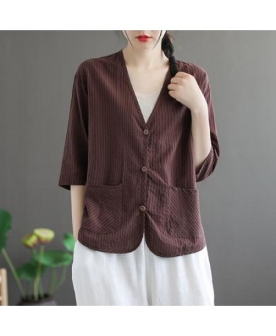 Summer Arts Style Women Half Sleeve Loose Striped Shirts Double Pocket Cotton Linen V-neck Vintage Blouse Femme Tops M152 $48...