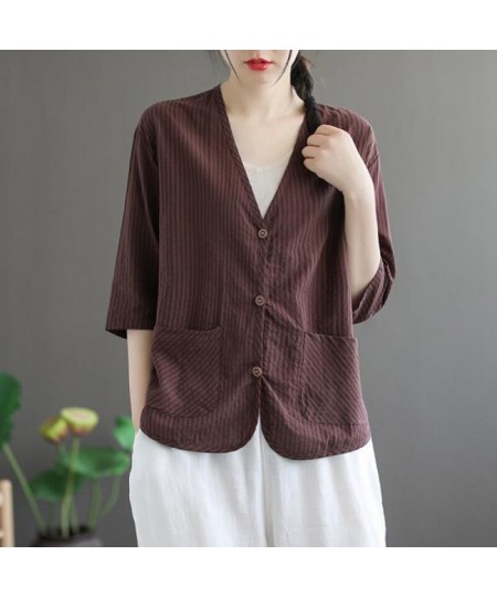 Summer Arts Style Women Half Sleeve Loose Striped Shirts Double Pocket Cotton Linen V-neck Vintage Blouse Femme Tops M152 $48...