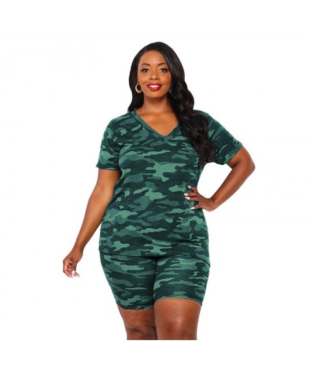 Plus Size Two Piece Set Camo Shirt and Short Pant Sexy Women Bodycon Outfit 2022 Print Tracksuit Female Fashion V Neck Clothi...