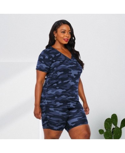 Plus Size Two Piece Set Camo Shirt and Short Pant Sexy Women Bodycon Outfit 2022 Print Tracksuit Female Fashion V Neck Clothi...