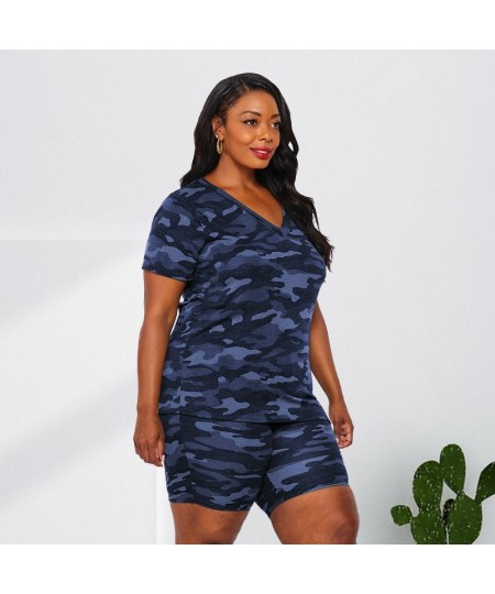 Plus Size Two Piece Set Camo Shirt and Short Pant Sexy Women Bodycon Outfit 2022 Print Tracksuit Female Fashion V Neck Clothi...