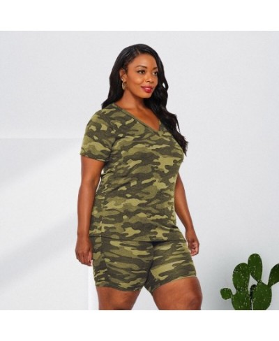 Plus Size Two Piece Set Camo Shirt and Short Pant Sexy Women Bodycon Outfit 2022 Print Tracksuit Female Fashion V Neck Clothi...