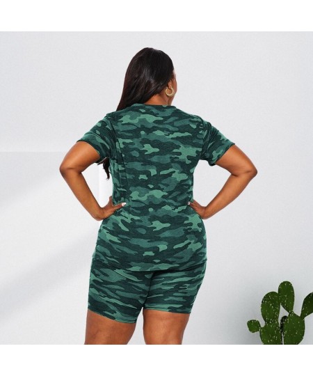 Plus Size Two Piece Set Camo Shirt and Short Pant Sexy Women Bodycon Outfit 2022 Print Tracksuit Female Fashion V Neck Clothi...