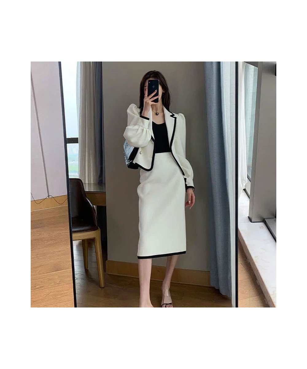 White Casual Waffle Blazer Outfits Office Lady Elegant Chic Two Piece Sets Long Sleeve Shorts Coat & Midi Straight Skirts Sui...