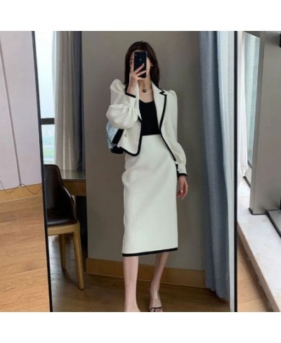 White Casual Waffle Blazer Outfits Office Lady Elegant Chic Two Piece Sets Long Sleeve Shorts Coat & Midi Straight Skirts Sui...