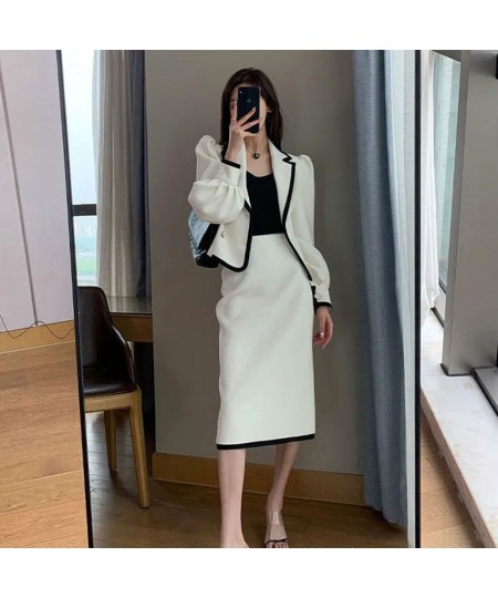 White Casual Waffle Blazer Outfits Office Lady Elegant Chic Two Piece Sets Long Sleeve Shorts Coat & Midi Straight Skirts Sui...