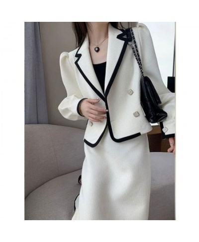 White Casual Waffle Blazer Outfits Office Lady Elegant Chic Two Piece Sets Long Sleeve Shorts Coat & Midi Straight Skirts Sui...