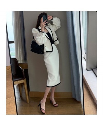 White Casual Waffle Blazer Outfits Office Lady Elegant Chic Two Piece Sets Long Sleeve Shorts Coat & Midi Straight Skirts Sui...