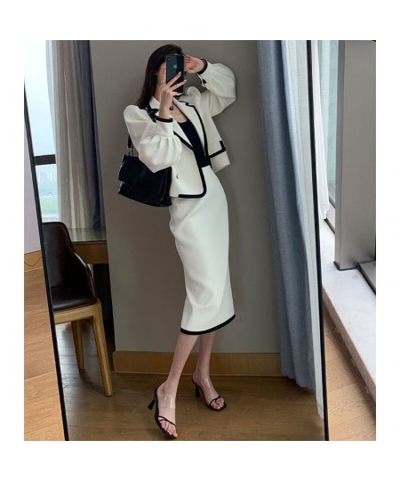 White Casual Waffle Blazer Outfits Office Lady Elegant Chic Two Piece Sets Long Sleeve Shorts Coat & Midi Straight Skirts Sui...