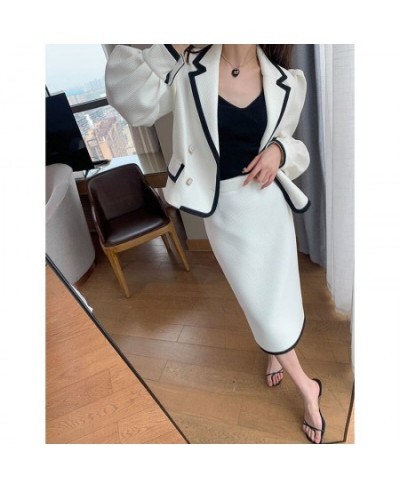 White Casual Waffle Blazer Outfits Office Lady Elegant Chic Two Piece Sets Long Sleeve Shorts Coat & Midi Straight Skirts Sui...