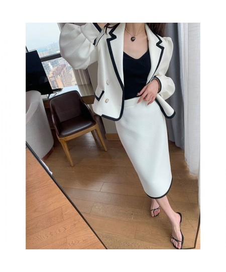 White Casual Waffle Blazer Outfits Office Lady Elegant Chic Two Piece Sets Long Sleeve Shorts Coat & Midi Straight Skirts Sui...