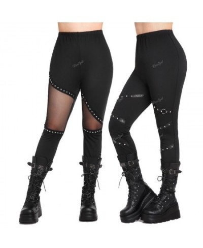 Plus Size Gothic Skinny Pants Leggings Black Mesh Panel Studs Trousers Rivets PU Leather Pull On Pants Mujer 4XL $34.03 - Plu...