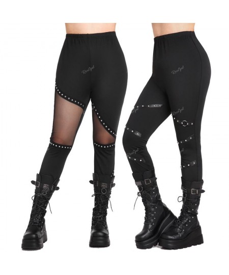 Plus Size Gothic Skinny Pants Leggings Black Mesh Panel Studs Trousers Rivets PU Leather Pull On Pants Mujer 4XL $34.03 - Plu...