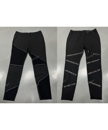 Plus Size Gothic Skinny Pants Leggings Black Mesh Panel Studs Trousers Rivets PU Leather Pull On Pants Mujer 4XL $34.03 - Plu...