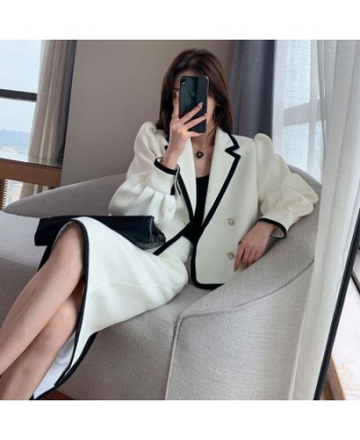 White Casual Waffle Blazer Outfits Office Lady Elegant Chic Two Piece Sets Long Sleeve Shorts Coat & Midi Straight Skirts Sui...