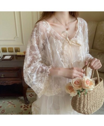 Women Blouses Lace Lace-up Flare Sleeve Sweet Princess Cute Ins Sun-proof Clothing Loose Korean Style Ulzzang Gentle Female N...