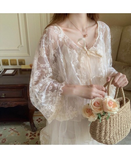 Women Blouses Lace Lace-up Flare Sleeve Sweet Princess Cute Ins Sun-proof Clothing Loose Korean Style Ulzzang Gentle Female N...