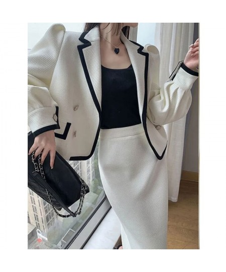 White Casual Waffle Blazer Outfits Office Lady Elegant Chic Two Piece Sets Long Sleeve Shorts Coat & Midi Straight Skirts Sui...