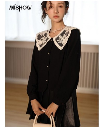 French Blouses for Women Fashion 2022 Autumn Retro Lace Doll Collar Single-breasted Shirts Female Short Tops MXB37X0365 $65.4...