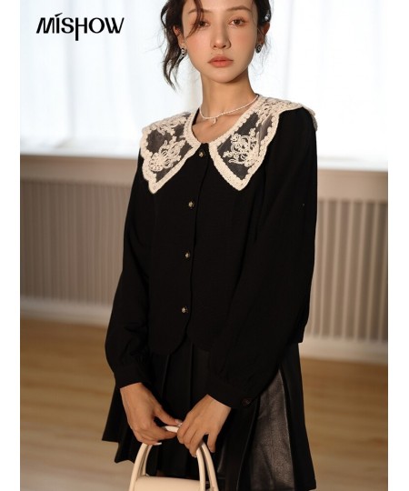 French Blouses for Women Fashion 2022 Autumn Retro Lace Doll Collar Single-breasted Shirts Female Short Tops MXB37X0365 $65.4...