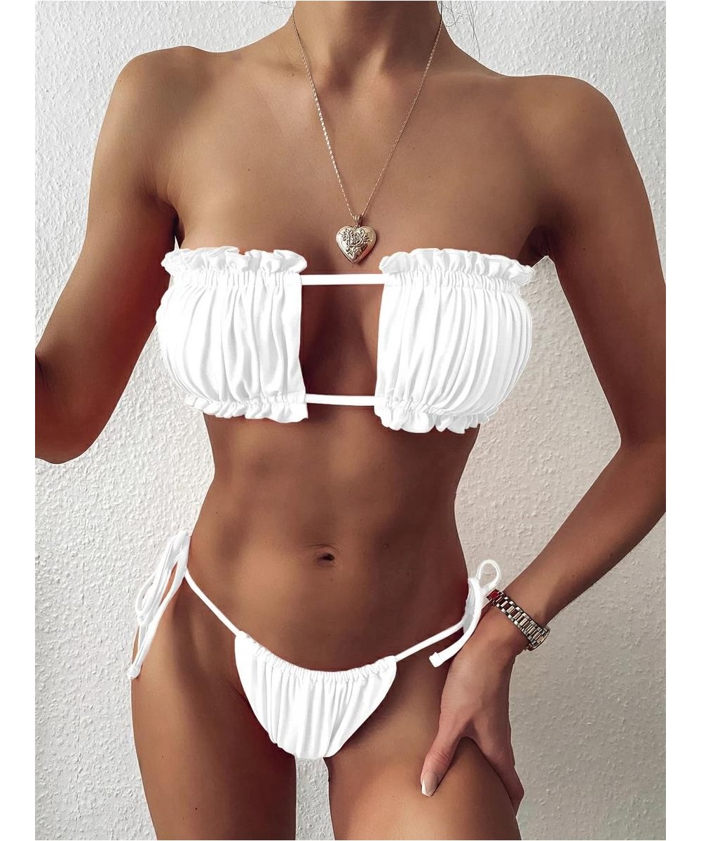 2020Smocked Bandeau Tie Side sexy pleated hollow Bikini Swimsuit $40.15 - Underwear