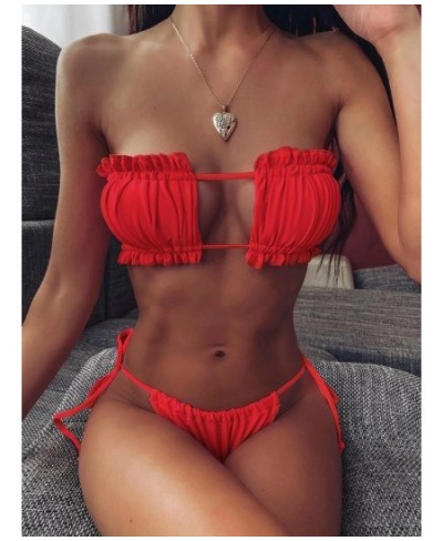 2020Smocked Bandeau Tie Side sexy pleated hollow Bikini Swimsuit $40.15 - Underwear