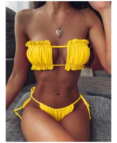 2020Smocked Bandeau Tie Side sexy pleated hollow Bikini Swimsuit $40.15 - Underwear