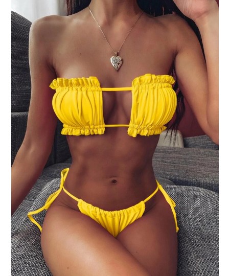 2020Smocked Bandeau Tie Side sexy pleated hollow Bikini Swimsuit $40.15 - Underwear