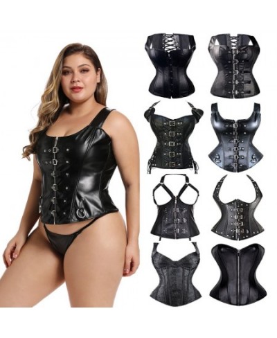 New Sexy Overbust Corset Women Steampunk Steel Boned Lace Up Bustier Waist Cincher Leather Bra Gothic Lingerie Black Plus Siz...